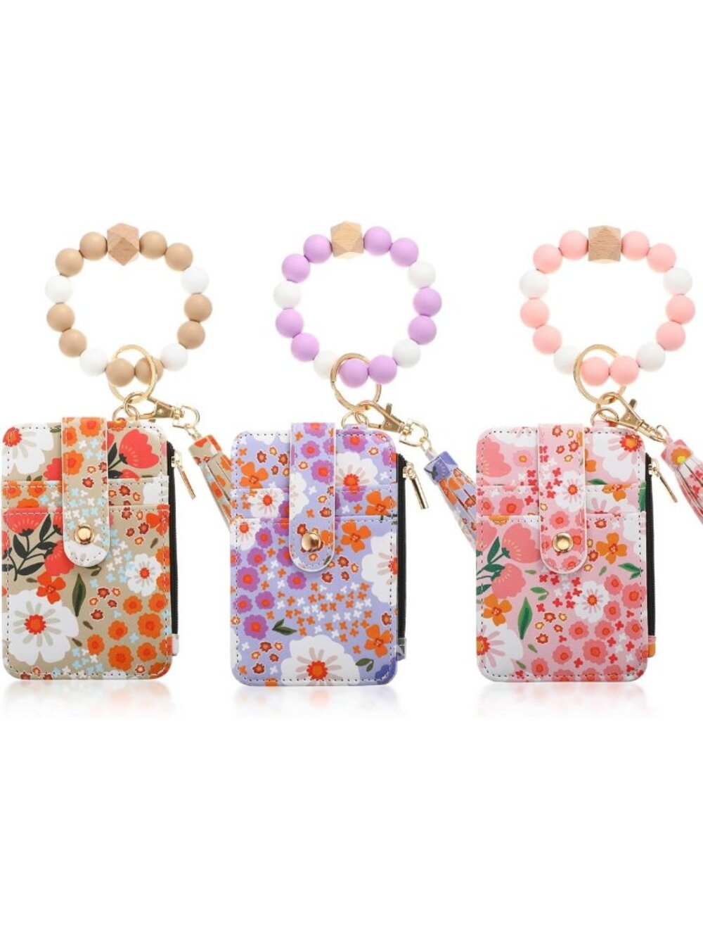 Boho Beaded Wristlet Keychain Wallet Set - Floral Pattern, Card Holder & Tassel